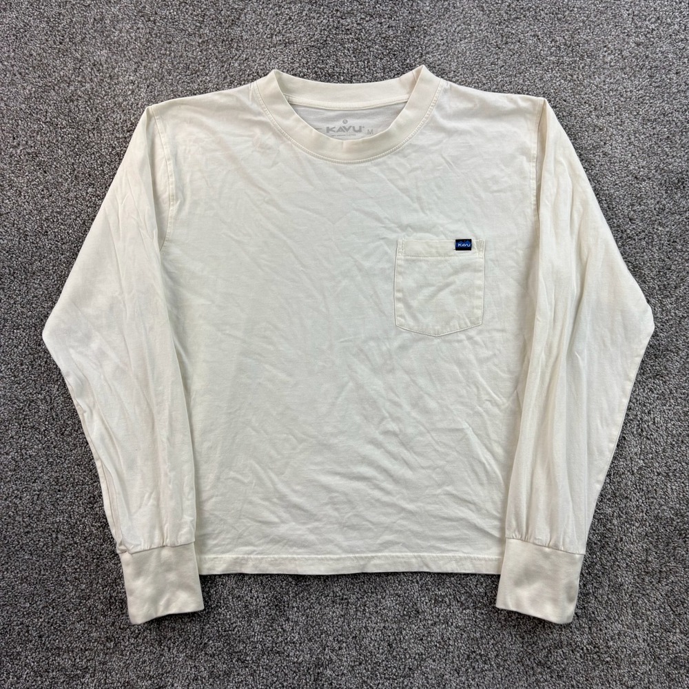 KAVU Shirt Women's Medium Cream Organic Cotton Pocket Tee Long Sleeve Hiking